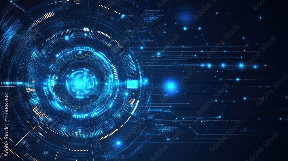 Poster futuristic tech design with digital holographic elements, glowing gridlines, and abstract circuit pa