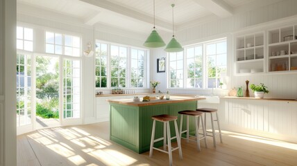 Fototapeta premium Stylish modern cottage kitchen interior featuring a spacious island and contemporary design elements.