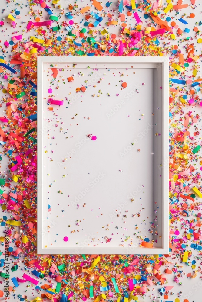 Poster a vibrant display of colorful confetti surrounds a blank frame, creating a festive and cheerful atmo