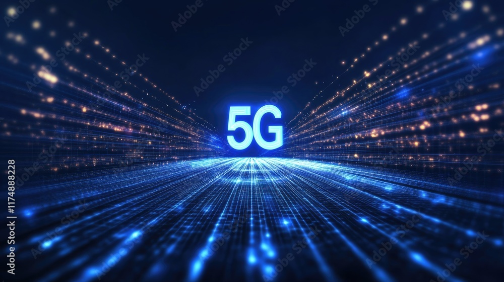 Poster high-speed data flow with glowing lines and interconnected g points, symbolizing ultra-fast, reliabl