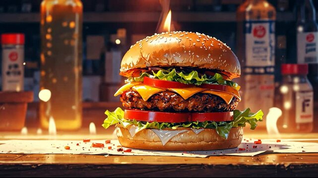 Video footage of mouth watering burger with a sesame seed bun, lettuce, tomato, cheese, and a juicy patty, set against a background of condiments and a warm, inviting atmosphere