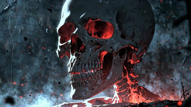 Video footage of skull with glowing red eyes and hints of red around the jaw and neck, set against a dark, smoky, and possibly fiery background