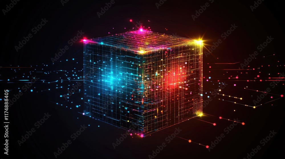 Poster holographic futuristic cube design with glowing edges and a digital matrix-style background.