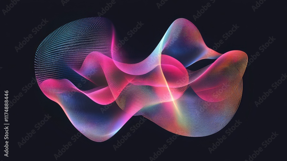 Poster holographic futuristic graphic with glowing shapes and particle effects over a dark gradient.