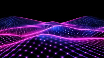 Holographic futuristic graphic with floating data streams, glowing grids, and abstract connections over a dark background.