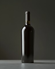 Elegant black wine bottle with sleek design on a muted background, highlighting its curves and reflection.