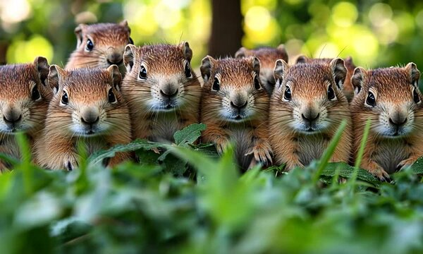 Adorable Group of Baby Squirrels Peeking from Green Grass - Cute Wildlife Photography