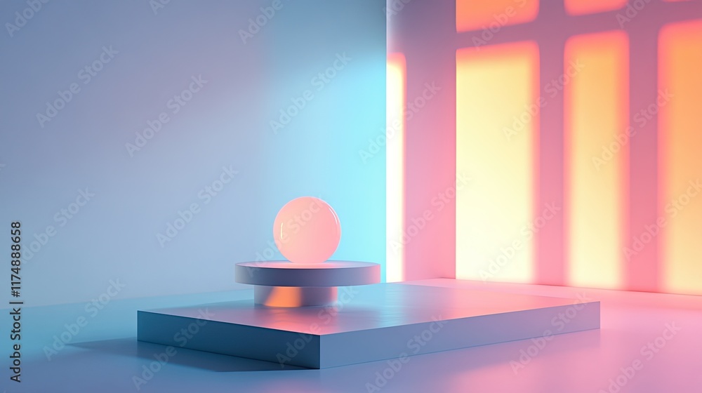 Poster minimalist graphic elements with overlapping translucent layers and soft shadow effects on a light b