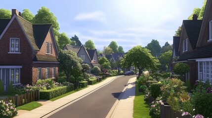 A classic suburban street with matching houses, green gardens, and bright sunlight adding life to the scene.