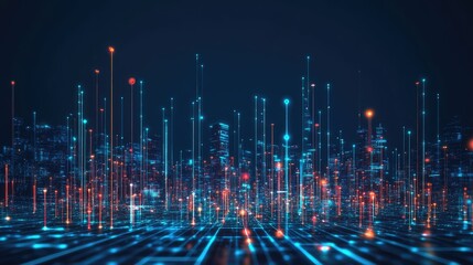 Modern high-tech city with glowing virtual buildings, digital grids, and holographic projections filling the skyline.