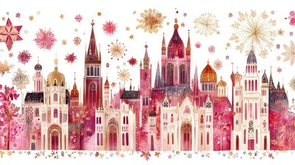 Fototapeta premium Enchanting Fairytale Cityscape with Blossoming Flowers and Fireworks