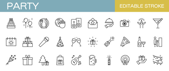 誕生日パーティー・お祝い・クリスマスパーティーに関するアイコンセット　編集可能　

