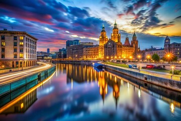 Obraz premium Long Exposure Mersey River, Liverpool Skyline, UK Night Photography