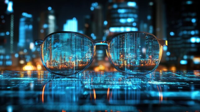 A pair of glasses reveals a digital cityscape overlayed on the real world suggesting augmented reality applications for urban exploration and data visualization.