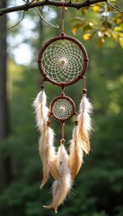 Dreamcatcher suspended from tree branch in forest.