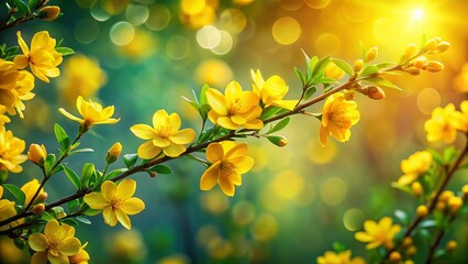 Obraz premium Long Exposure of Vibrant Yellow Flowers Blooming on Lush Green Branch