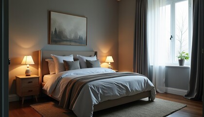 A cozy gray studio room with soft ambient lighting creates a calm, inviting atmosphere.