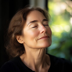 A serene portrait of a middle-aged woman sitting by the window, the light falling on her face. Her eyes are closed and there is a smile on her lips. The background features blurred greenery outside
