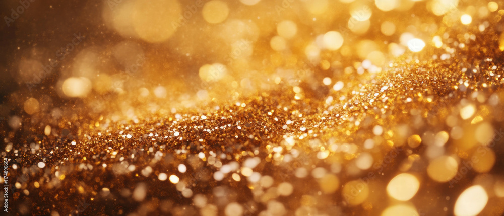 Poster vivid macro view of sparkling loose glitter with enchanting warm tones and soft lighting