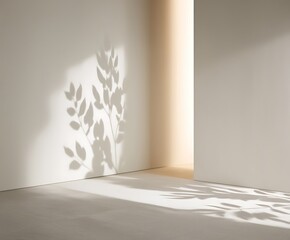 Fototapeta premium Minimalist Off-White Wall with Leaf Shadows for Product Display