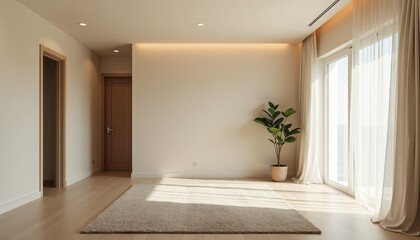 Fototapeta premium A spacious neutral-toned studio room illuminated by soft lighting creates a relaxed vibe.