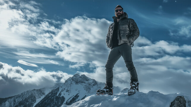 A man wearing a black jacket stands on a snowy mountain