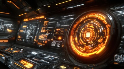 A futuristic control panel with glowing orange displays and intricate details. Ideal for sci-fi game interfaces or technology presentations.