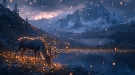 Fototapeta premium Reindeer grazing beside a mountain lake, surrounded by glowing fairy lights
