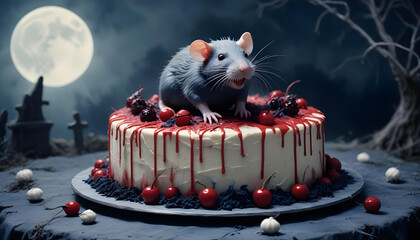Spooky Rat Cake with Dripping Icing,Moon and Cobwebs Funny and Silly Design for Halloween Parties