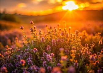 Fototapeta premium Long Exposure Thyme Field at Sunset - Aromatic Herb Photography