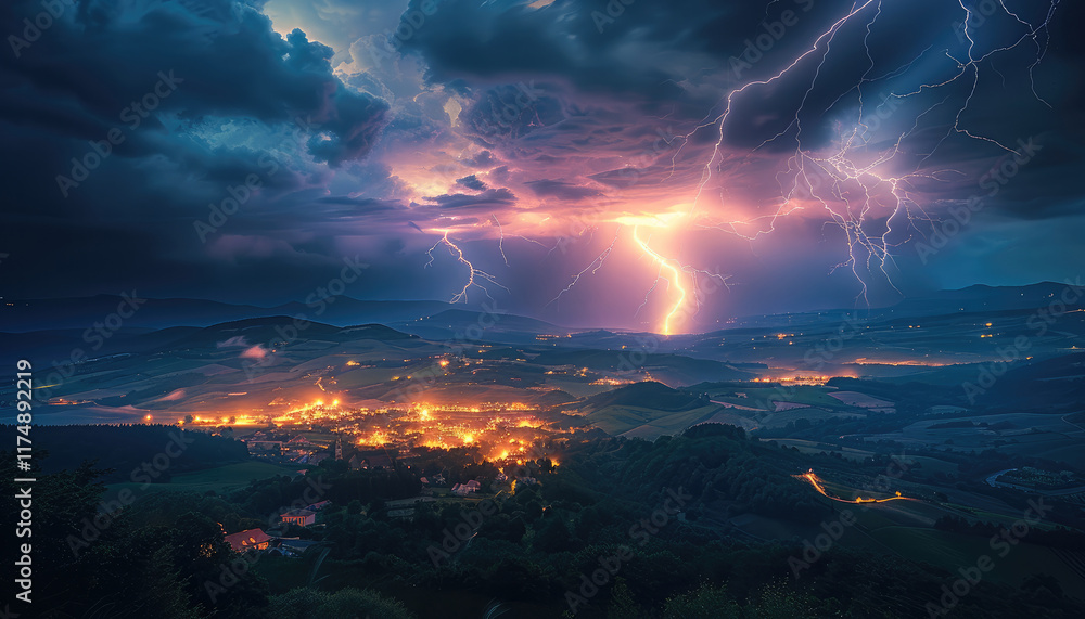 Poster severe lightning storm, lightning only light source illuminating surrounding countryside.