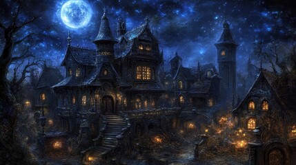 Enchanting moonlit village with a grand, gothic-style mansion at its heart