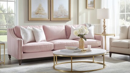 Fototapeta premium A cozy pastel living room with a blush pink sofa, light gray rug, and delicate gold accents on a coffee table.