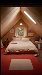 A cozy bohemian bedroom with a warm, natural feel. It features an angled ceiling, a comfortable bed, and soft lighting, creating an inviting atmosphere.