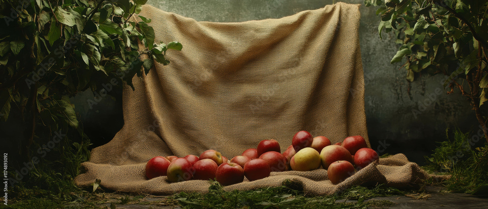 Poster freshly picked apples on a burlap sack against a rustic backdrop in a serene setting