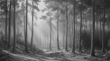 Sunbeams illuminate a misty, monochrome pine forest path.