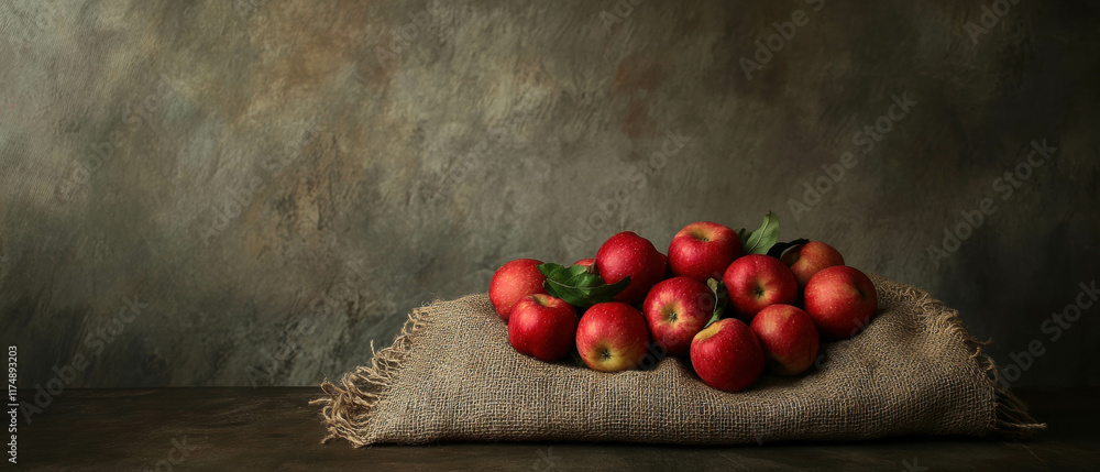 Poster burlap sack filled with freshly picked apples against a rustic backdrop
