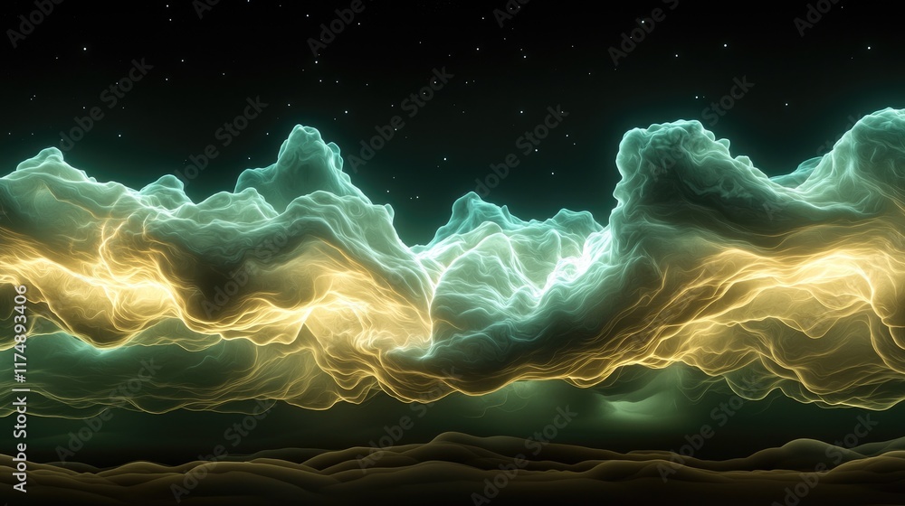 Poster dynamic clouds illuminated by ethereal light night sky digital art abstract environment aerial view 