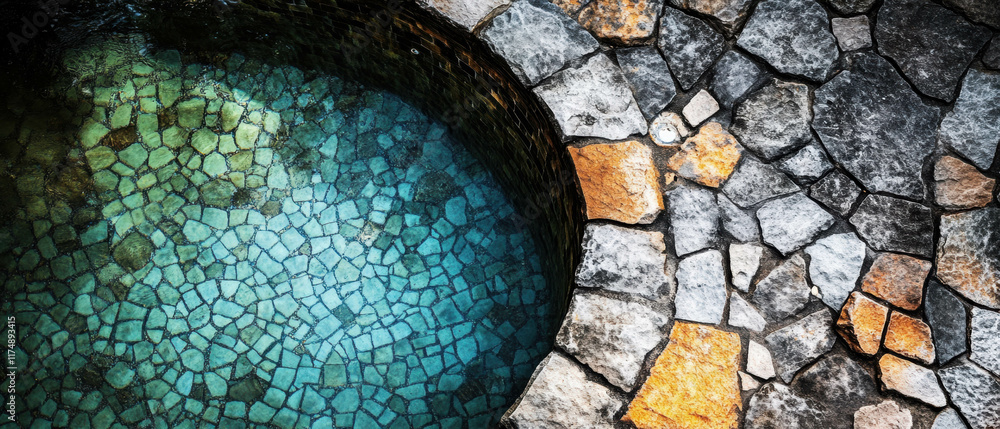 Poster circular backdrop pool with mosaic design captured from above in vibrant colors