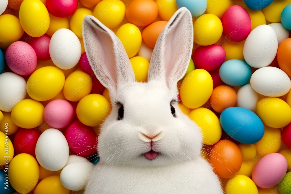 Poster rabbit is standing in a pile of colorful eggs. the rabbit is looking at the camera with a curious ex