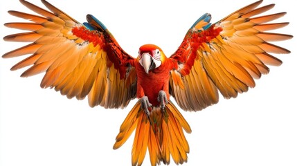 Obraz premium A vibrant scarlet macaw spreads its wings wide, showcasing stunning orange and blue feathers in contrast against a white background.