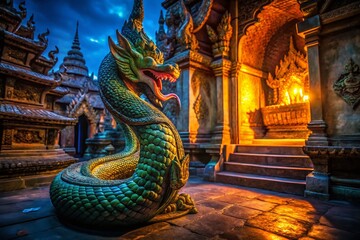 Fototapeta premium Low Light Naga Statue, Phadan Temple, Mystical Serpent, Ancient Hindu Shrine, Night Photography