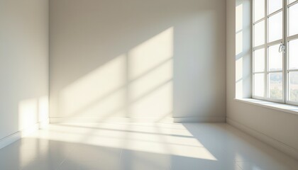 A bright and minimalist studio room with soft lighting creates a sleek and inviting space.