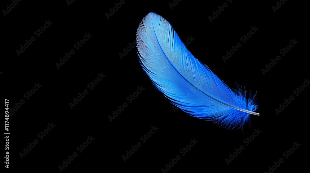 Poster blue feather is suspended in midair. the feather is the only thing visible in the image