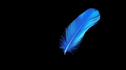 Blue feather is shown on a black background. The feather is the main focus of the image, and it is floating in the air. The blue color of the feather contrasts with the black background
