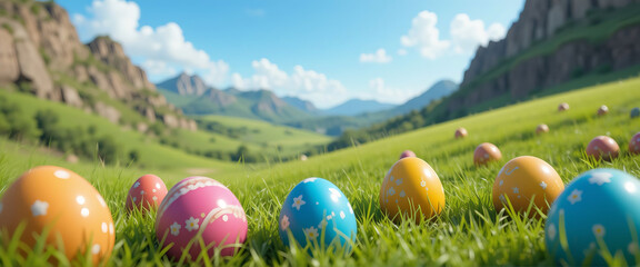 Colorful easter eggs hiding among the lush grass of a sunlit mountain meadow create a vibrant and festive springtime scene, celebrating the joy and traditions of the season.