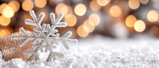 Sparkling Silver Snowflake Ornament on Glittering Snow with Warm Bokeh Lights Background