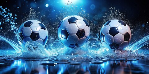 Naklejka premium Energetic Soccer Ball Splash, Vibrant Blue Night Photography Stock Photo