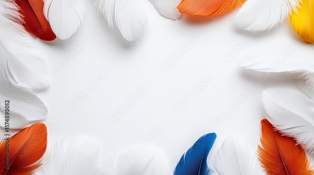 Poster colorful feather pattern with white feathers in the center. the feathers are arranged in a circle an