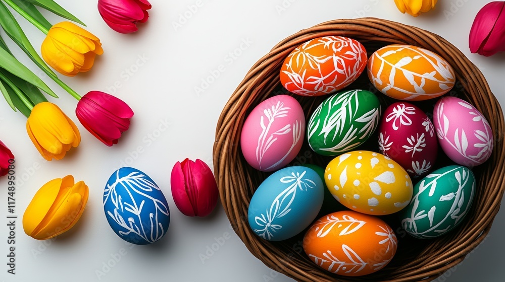 Poster basket of colorful eggs with flowers painted on them sits on a table next to a vase of tulips. the b